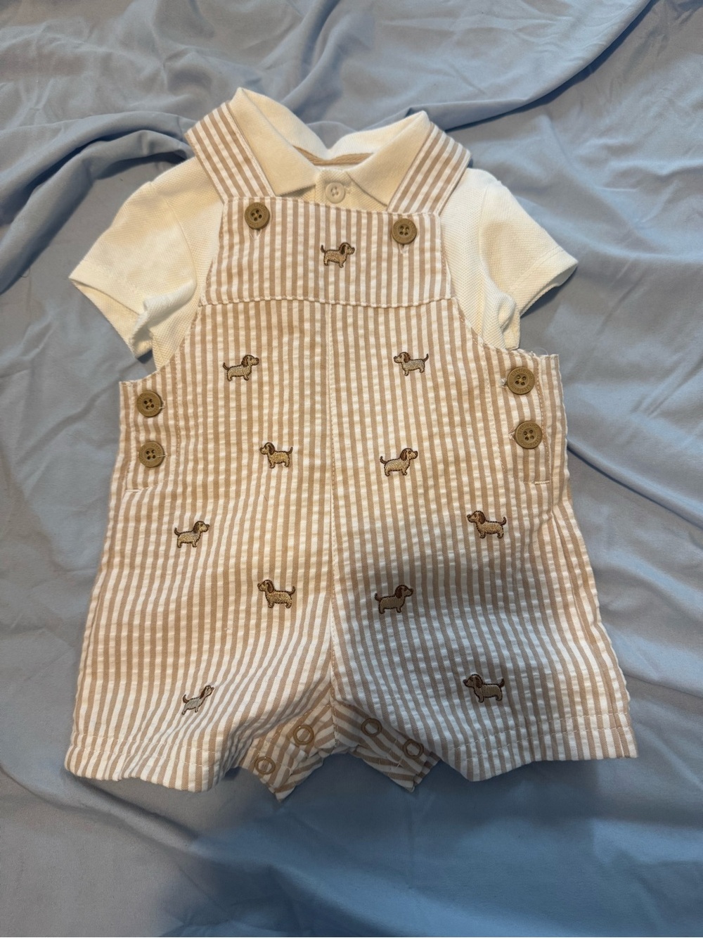 Little Me Tan & White Striped Puppy Embroidered Short Overalls